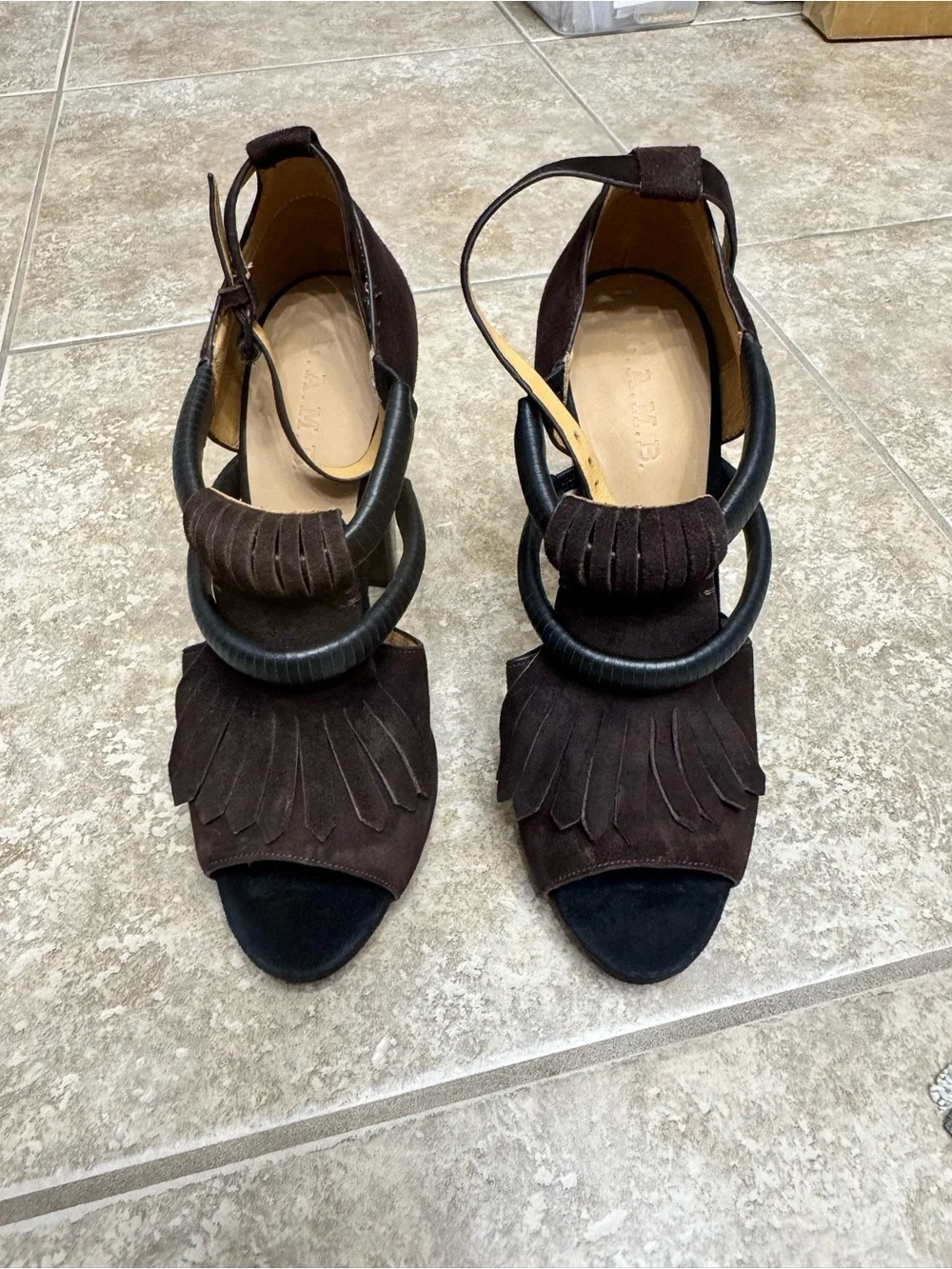 L.A.M.B. Black Brown Suede Fringe Platform Heel Sandals